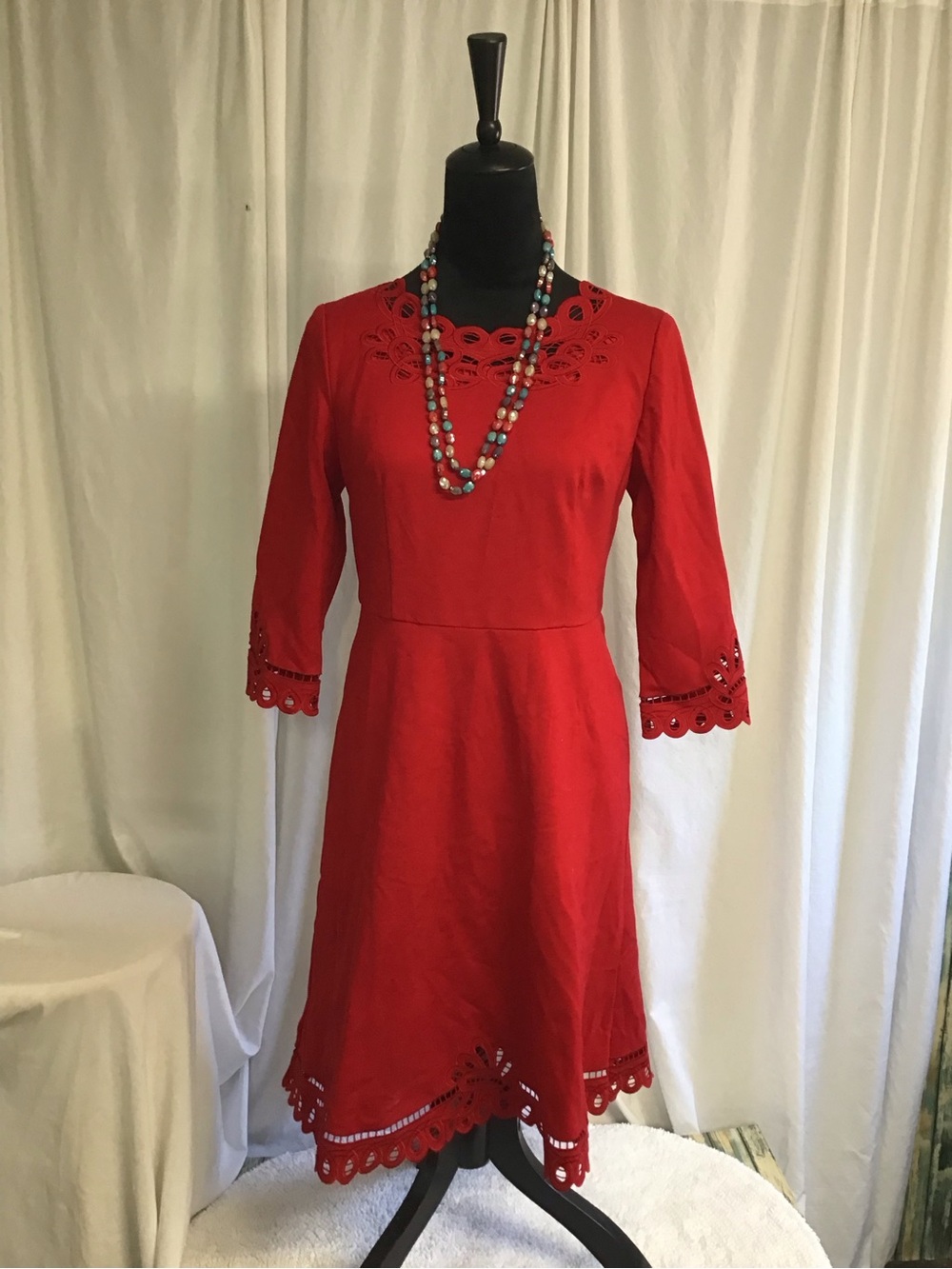 Talbots Red Scalloped Eyelet Midi Dress with Three-Quarter Sleeves